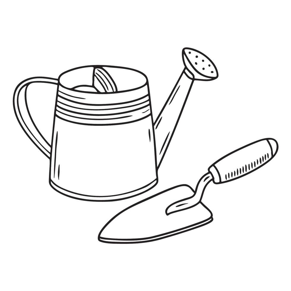 A trowel beside a watering can vector