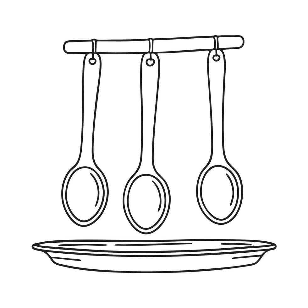 A tray under hanging spoons with one spoon on the edge vector