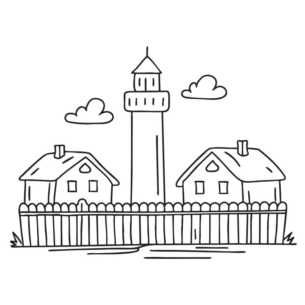 A tower rising behind a wooden fence in a village vector