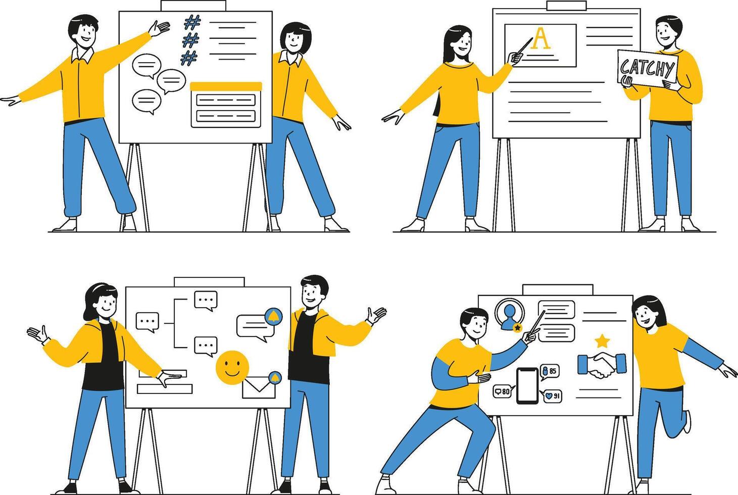Flat design scene with professional characters explaining social media KPIs, content flow, and user engagement on whiteboards vector