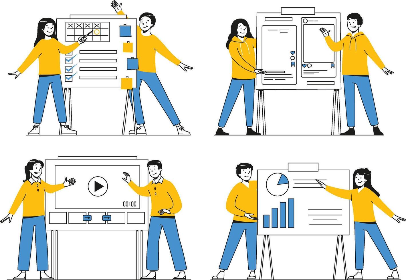 A flat scene of creative specialists presenting analytics, planner, content strategy, and multimedia tools on whiteboards vector
