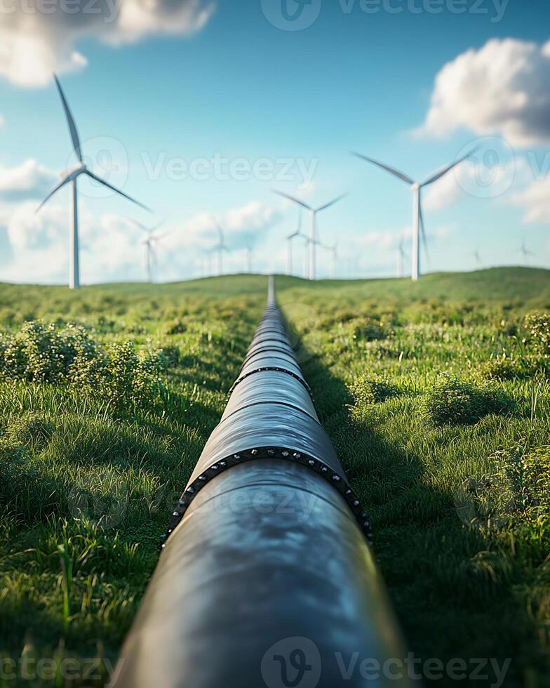 Pipeline and Wind Turbines in a Grassy Field photo