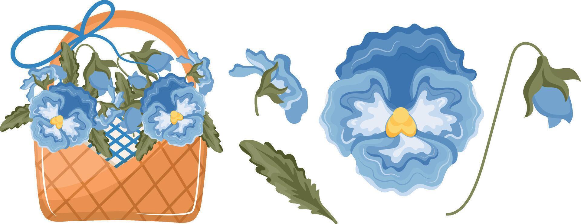 icon of a rectangular wicker basket with flowers, namely blue pansy buds and the flowers themselves, for print, advertising or packaging vector