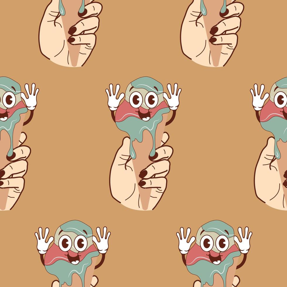 pattern with icons of a hand holding ice cream in a waffle cone with a funny cheerful face and raised hands in a retro vintage style on a brown background vector