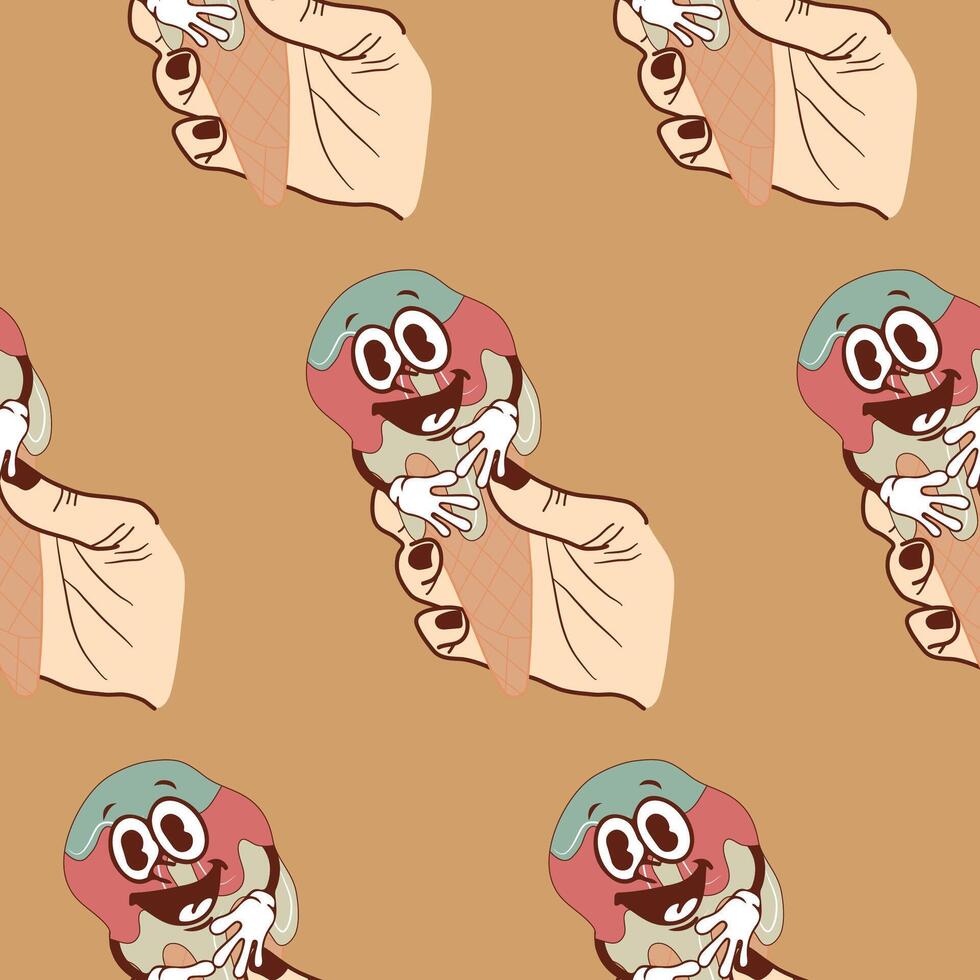 pattern with icons of a smiling anthropomorphic ice cream in a waffle cone flowing down a hand on a brown background, retro, vintage style vector