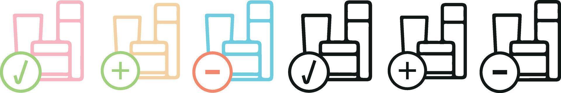 set of icons of different colors and shapes of facial cosmetics with additional plus, minus and check marks, for cosmetology or other beauty fields vector