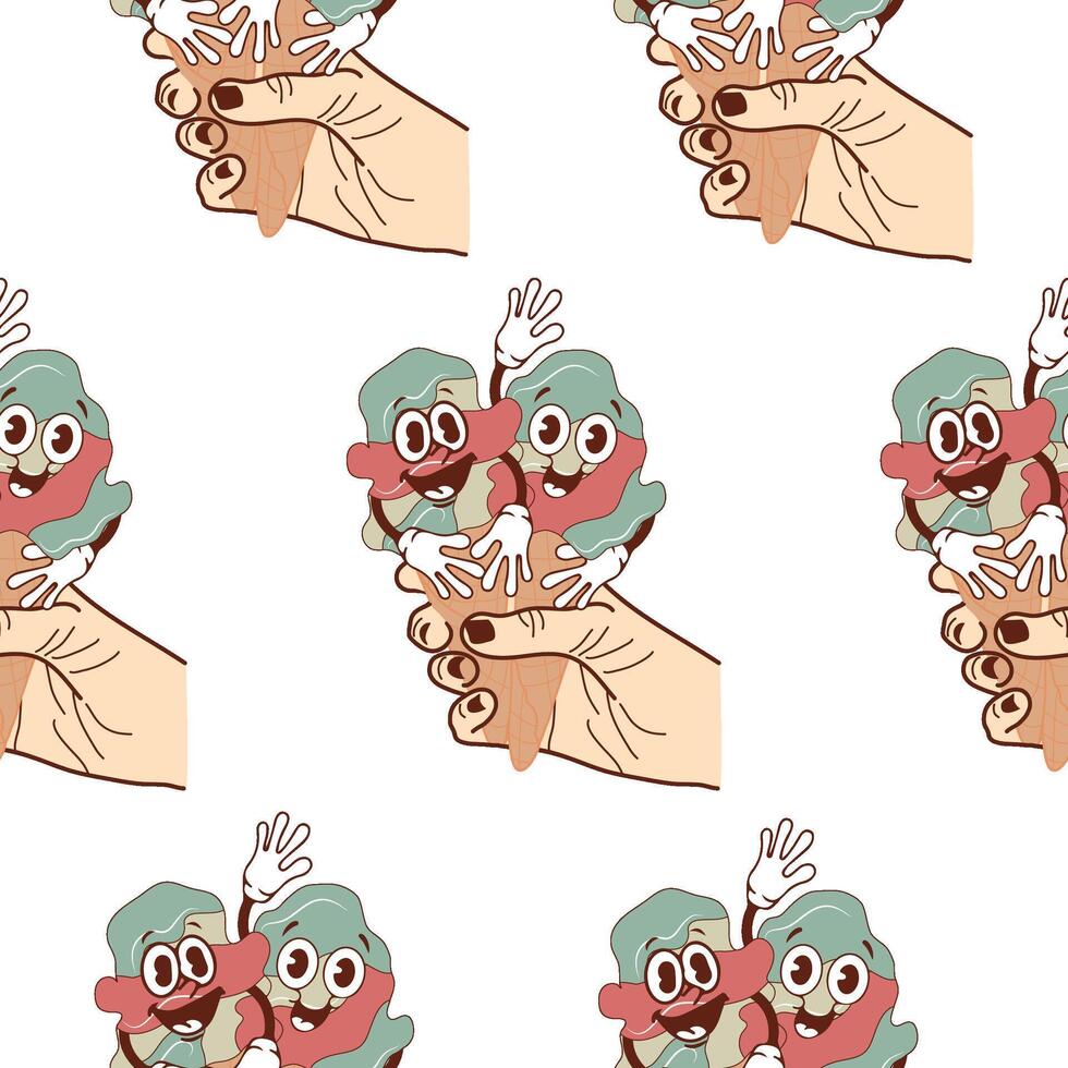 pattern with a set of icons of hands holding two ice cream cones with happy, funny and sad faces in retro vintage vector