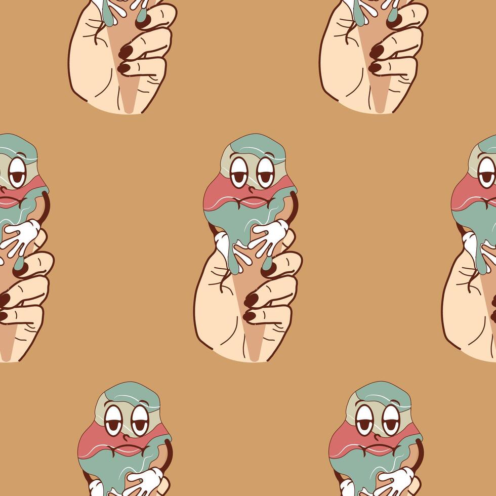 pattern with a set of icons of hands holding ice cream in waffle cones with happy, funny and sad faces in retro vintage style on a brown backgroun vector