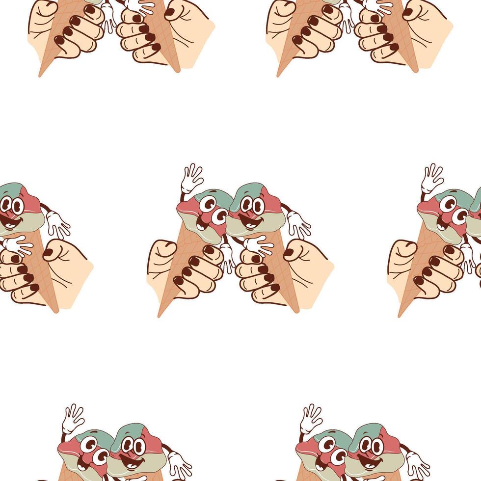 pattern with icons of happy and smiling anthropomorphic ice cream in waffle cones held by two hands, retro, vintage style vector