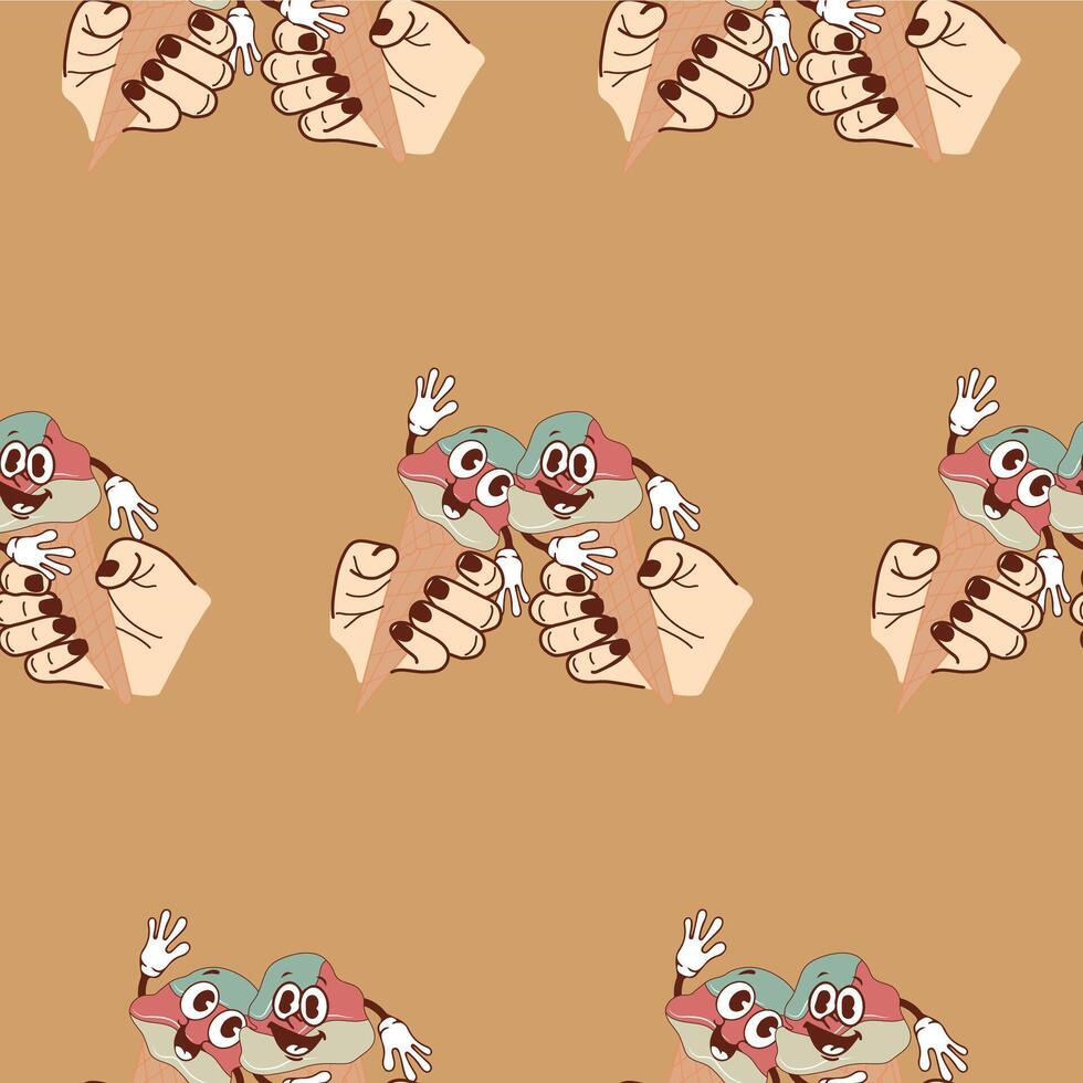 pattern with icons of smiling and sad anthropomorphic ice cream in waffle cones held by two hands on a brown background, retro vector