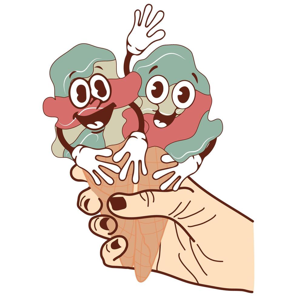 icon of a hand holding two ice cream cones with a funny, cheerful, happy face in retro vintage style vector