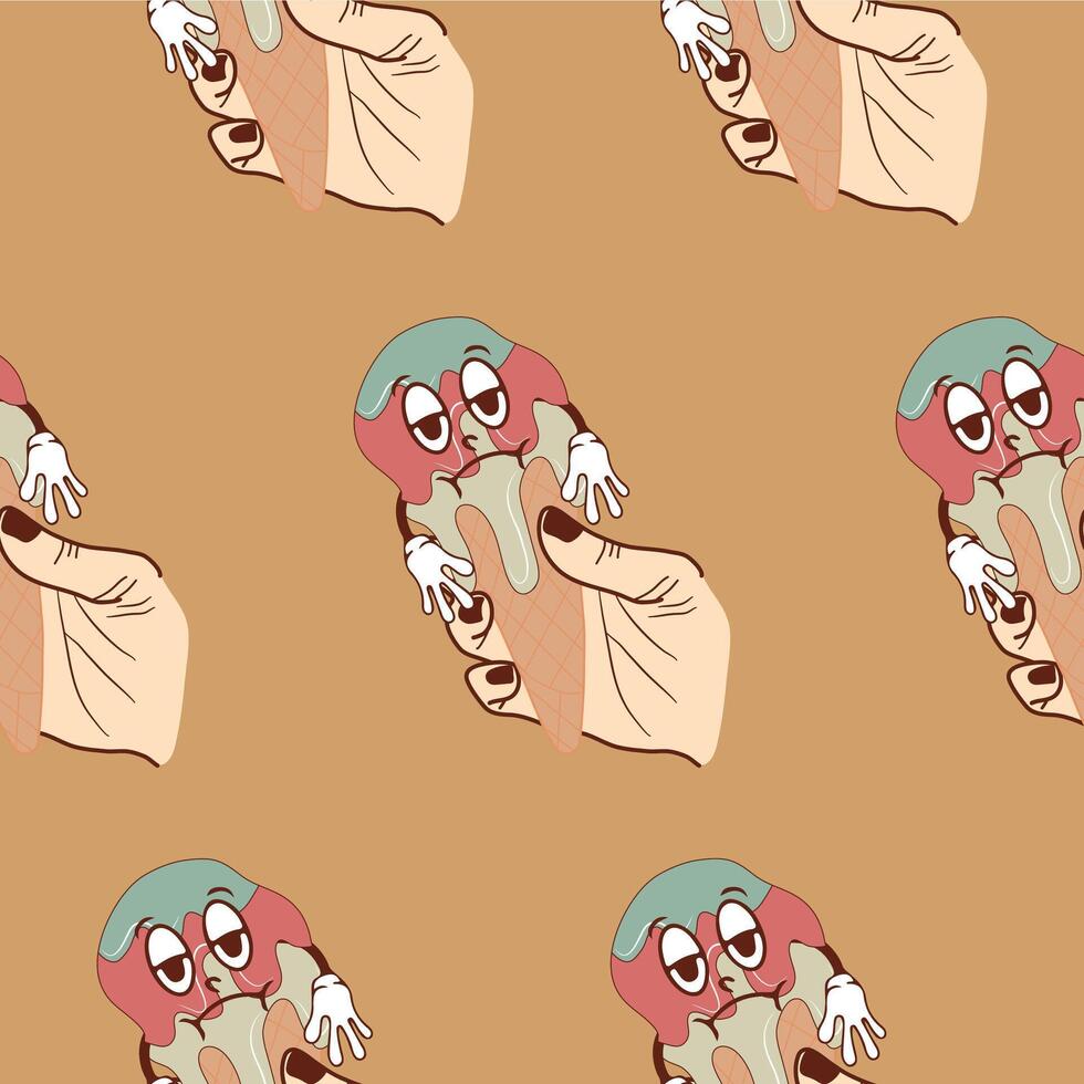 pattern with icons of sad anthropomorphic ice cream in a waffle cone flowing down a hand on a brown background, retro, vintage style vector