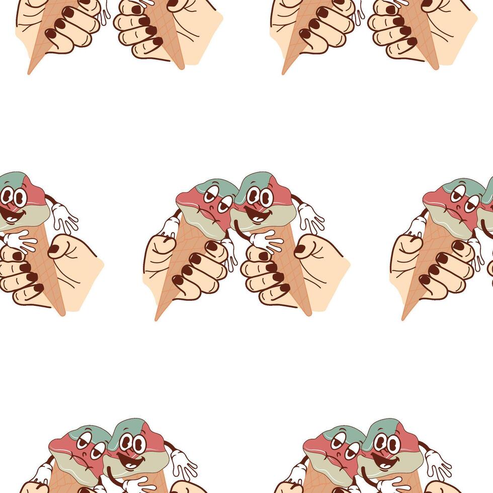 pattern with icons of happy and sad anthropomorphic ice cream in waffle cones held by two hands, retro, vintage style vector