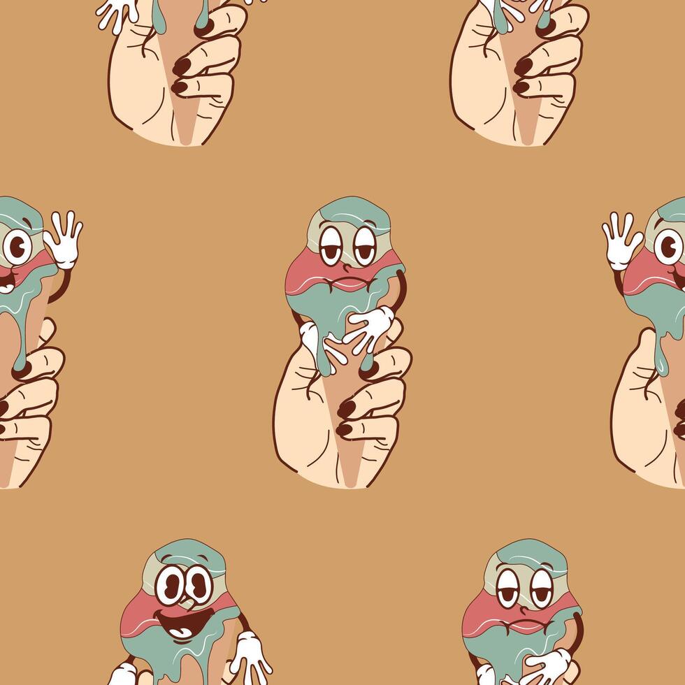 pattern with a set of icons of hands holding ice cream in waffle cones with happy, funny and sad faces in retro vintage style on a brown background vector