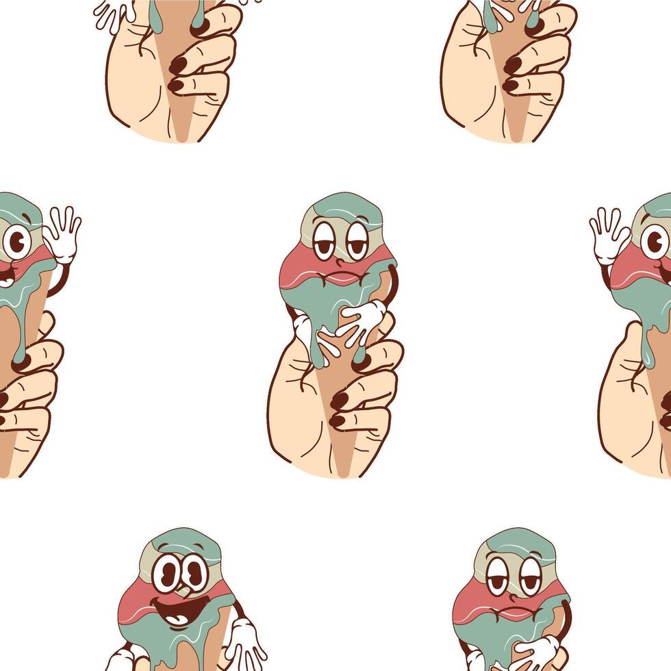 pattern with a set of icons of hands holding ice cream in waffle cones with happy, funny and sad faces in retro vintage style vector