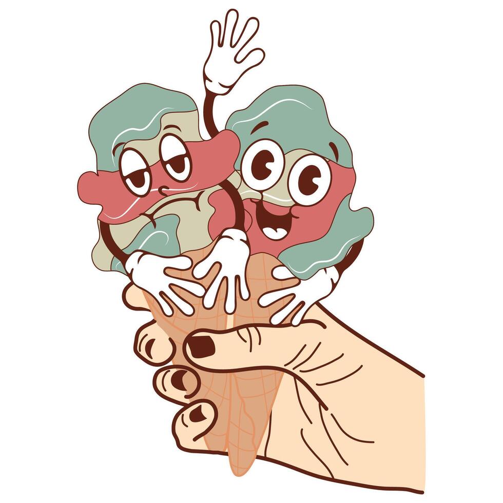 icons of a hand holding two ice cream cones with happy and sad faces in retro vintage style vector