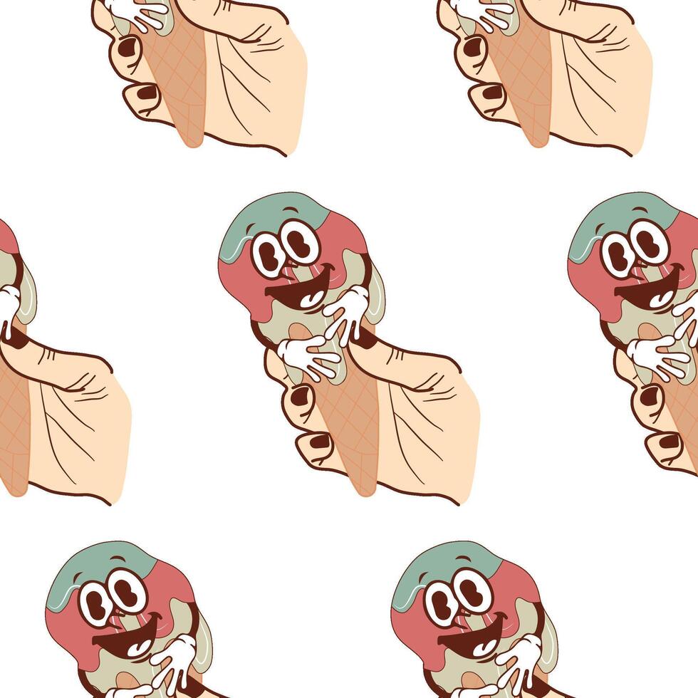 pattern with icons of a smiling anthropomorphic ice cream in a waffle cone flowing down a hand, retro, vintage style vector