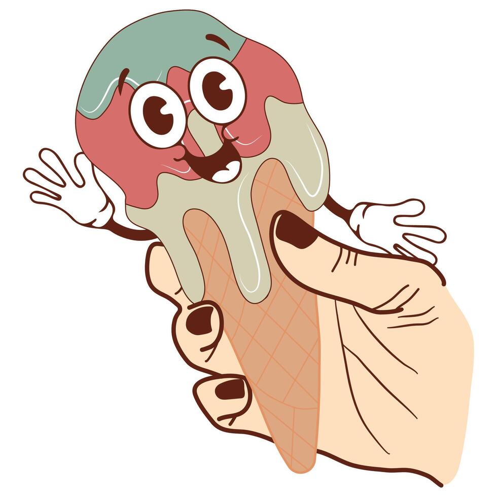 icon of a happy, smiling anthropomorphic ice cream in a waffle cone dripping down his hand, retro, vintage style vector