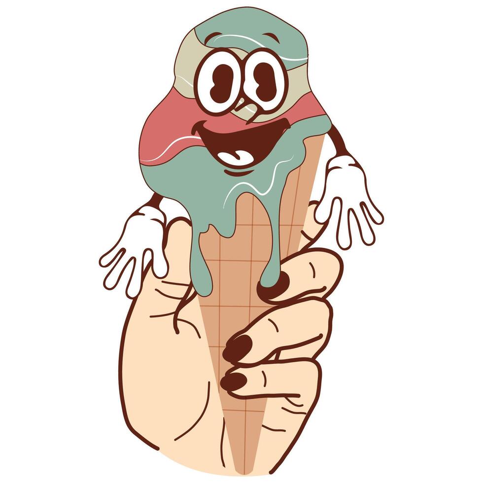 icons of a hand holding ice cream in a waffle cone with a funny, cheerful, happy face in a retro vintage style vector