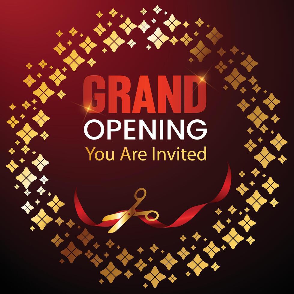 Elegant grand opening invitation with golden sparkles, luxury black background, festive and classy design. vector