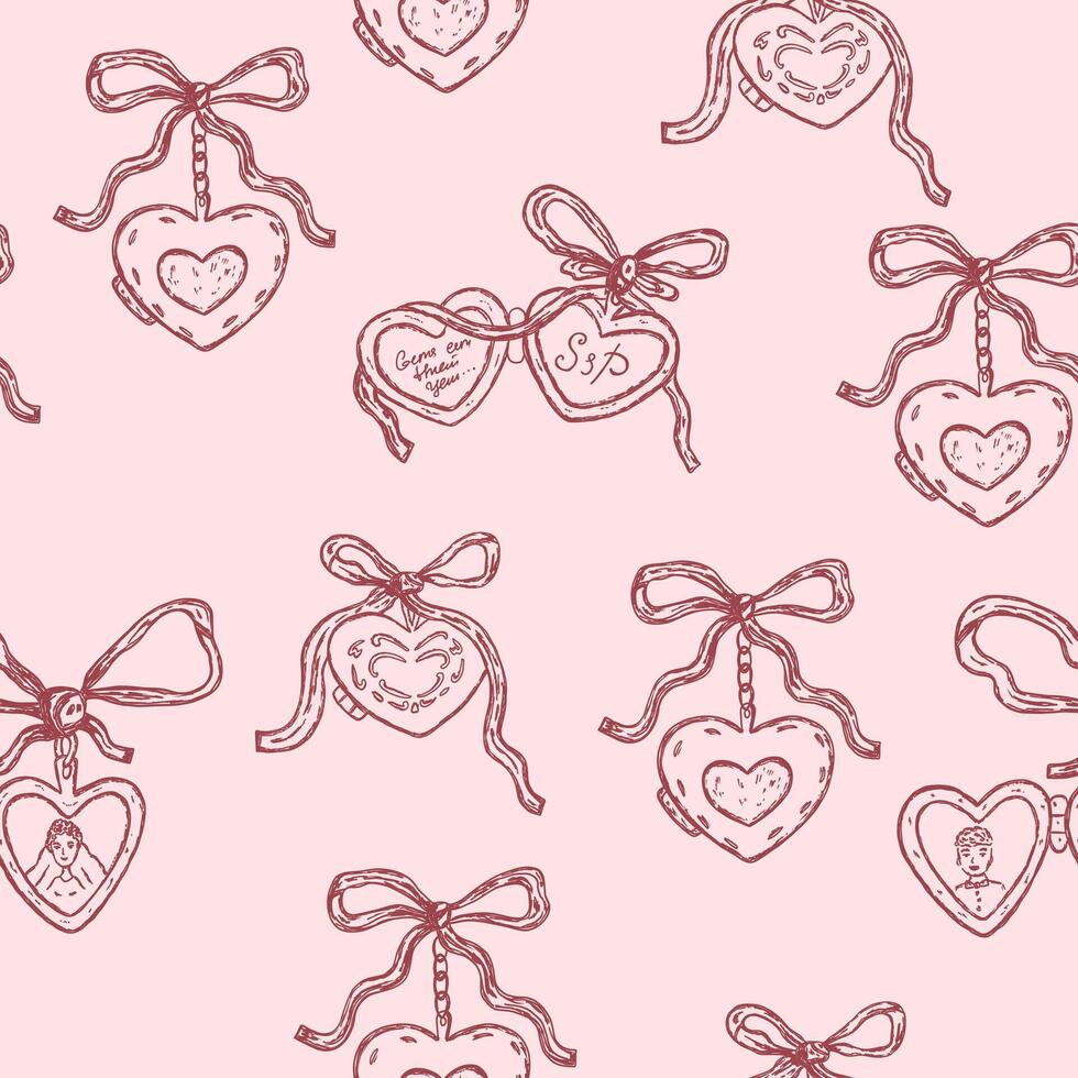 Seamless pattern of vintage locket in heart shape with pink bow in whimsial sketch style vector