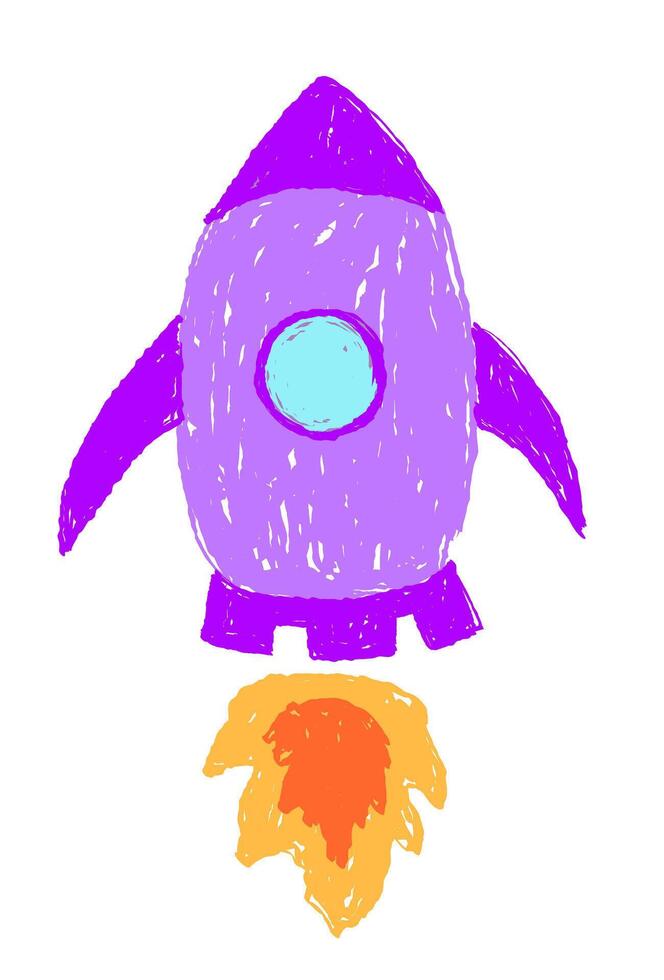 Childlike space rocket with fire drawn with crayon or wax pencil texture vector