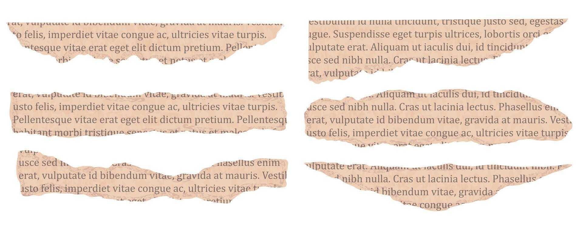 Set of ripped newspaper or book piece with old text in beige color. Torn paper for collage in realistic style vector
