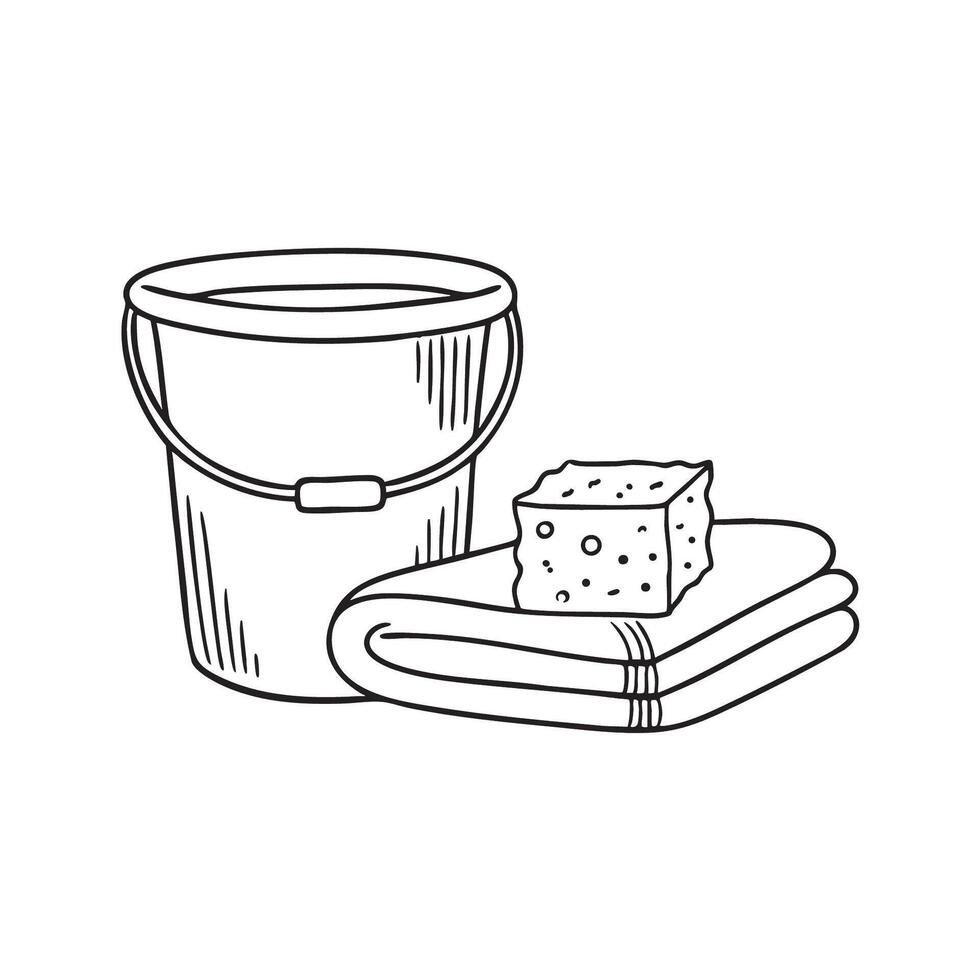 A towel beside a bucket and sponge on the floor vector