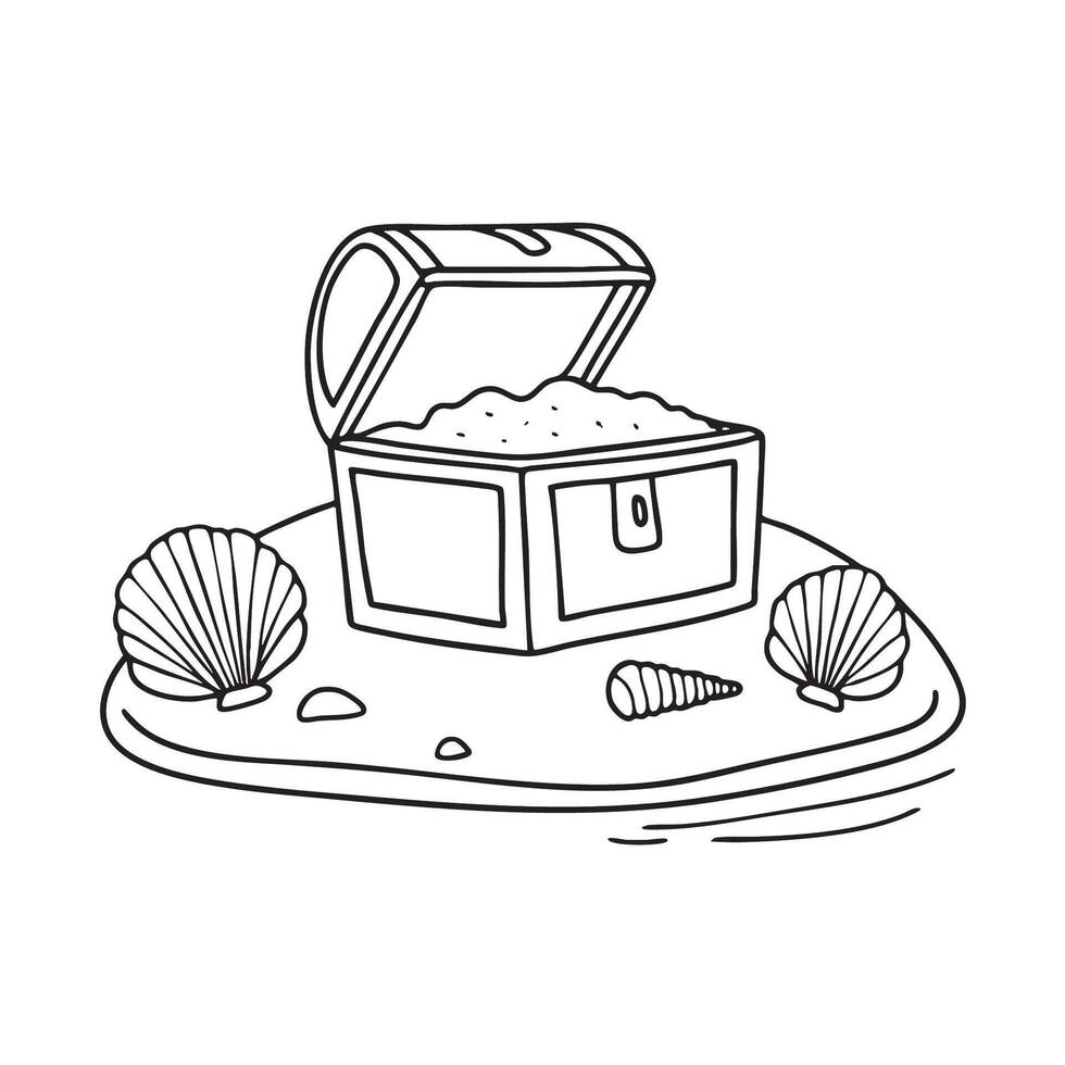 Seashells scattered near a treasure lying on the beach sand vector