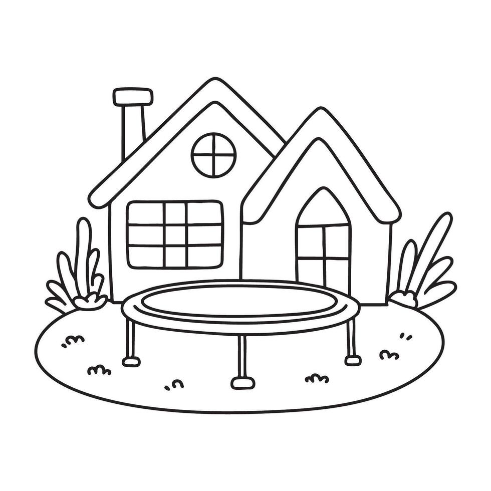 A trampoline standing near a home garden window vector