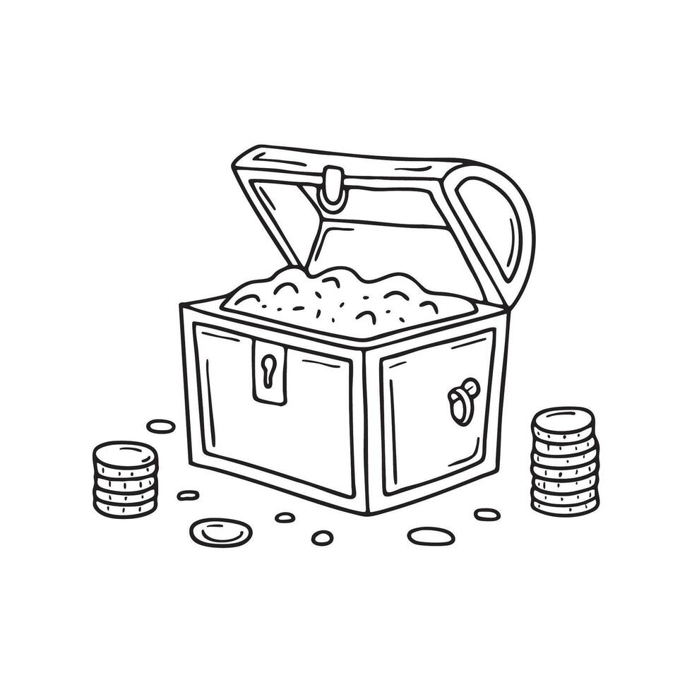 A chest filled with coins, lid open and coins around it vector