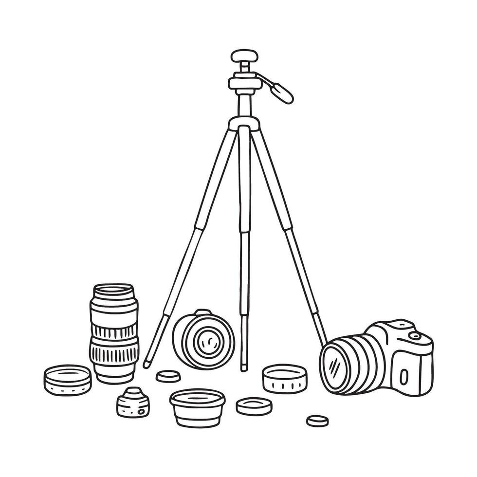 A tripod near scattered camera and lens gear vector