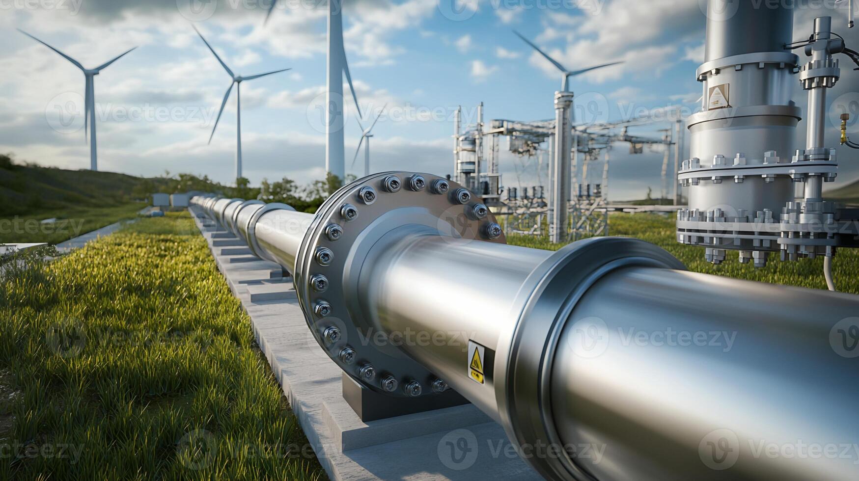 Metallic Pipeline with Wind Turbines and Substation photo