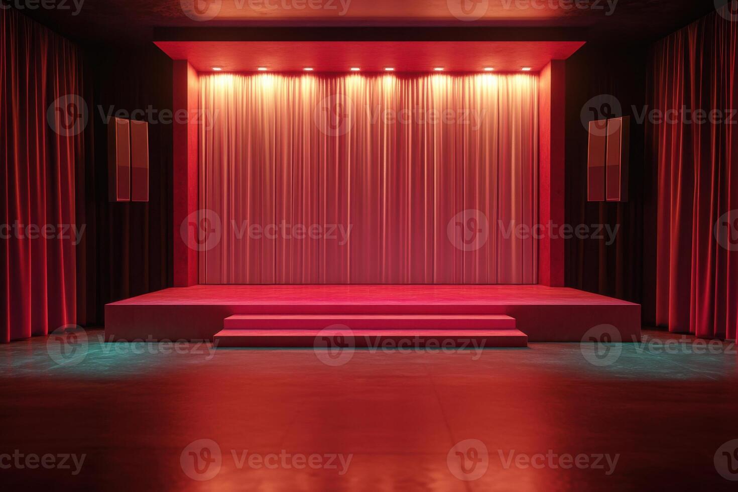 a stage with red curtains and a spotlight photo