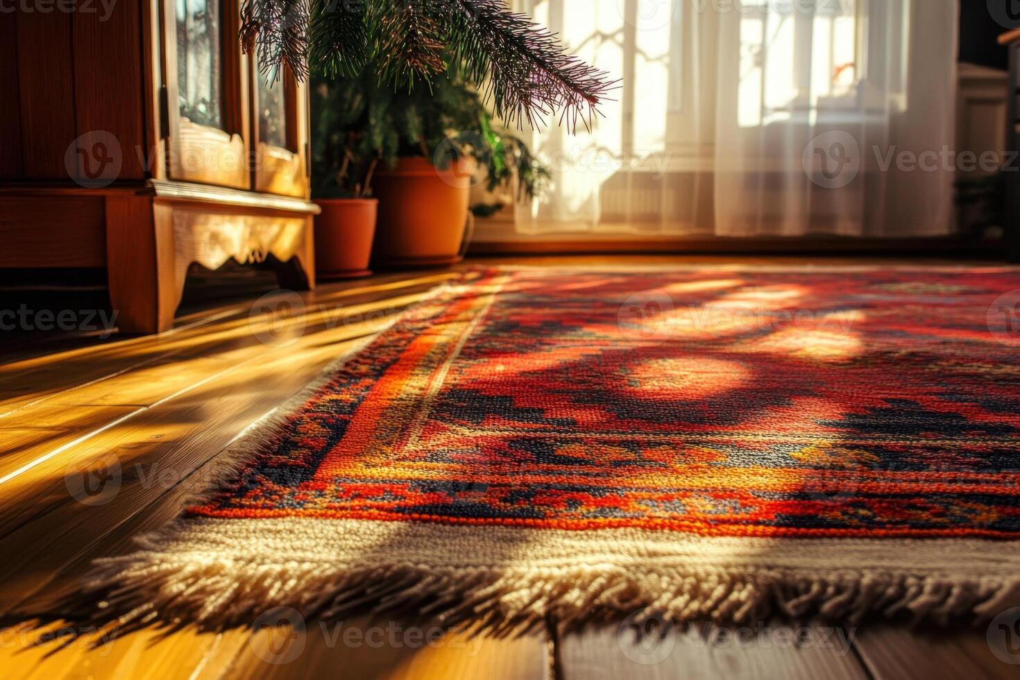 a red rug on the floor in front of a window photo