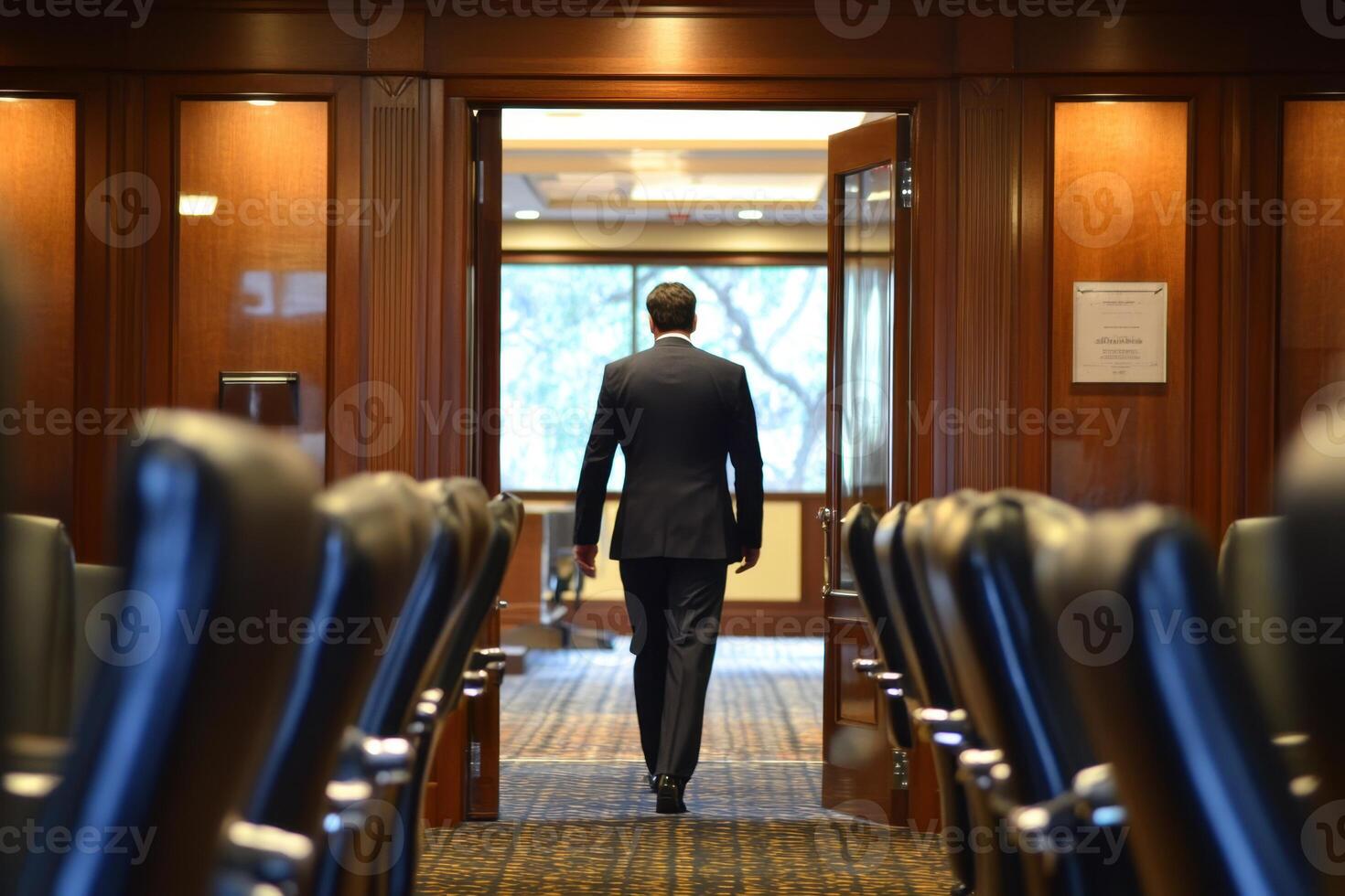 a man in a suit walks into a room with chairs photo