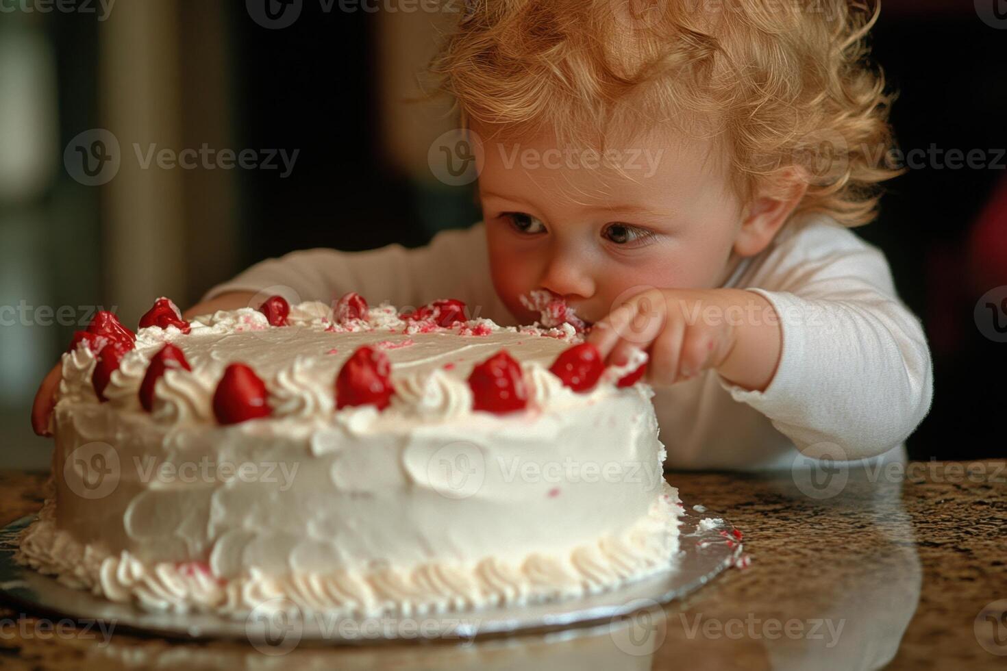 a baby is eating a cake with strawberries on it photo
