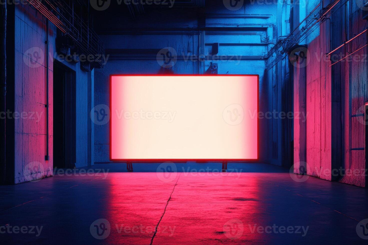 a neon sign in an empty room with pink and blue lights photo