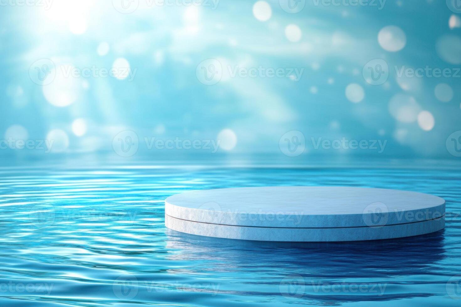 a white platform floating in the water with a sun shining in the background photo
