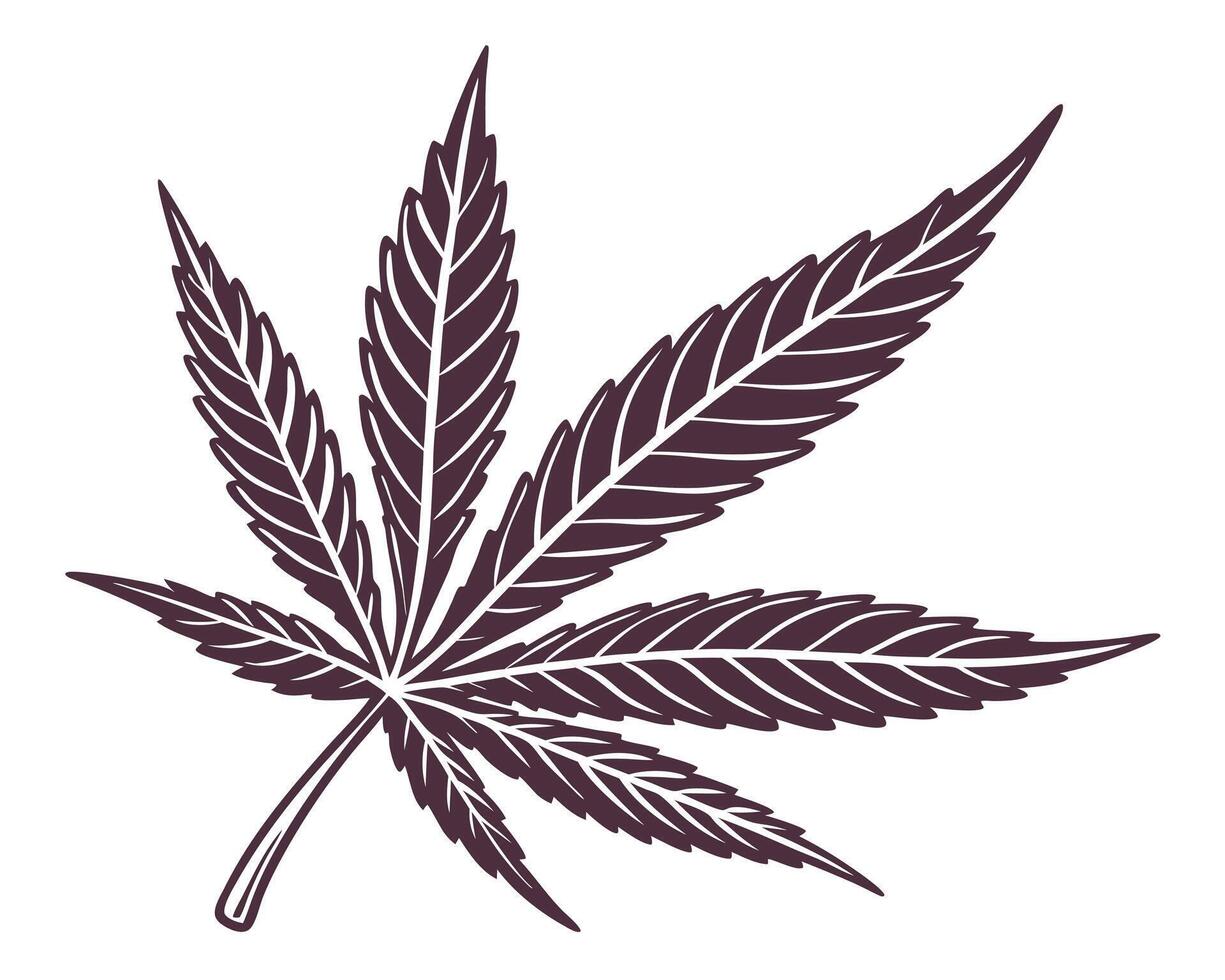 A stylized illustration of a marijuana leaf in a monochromatic dark purple color on white background vector