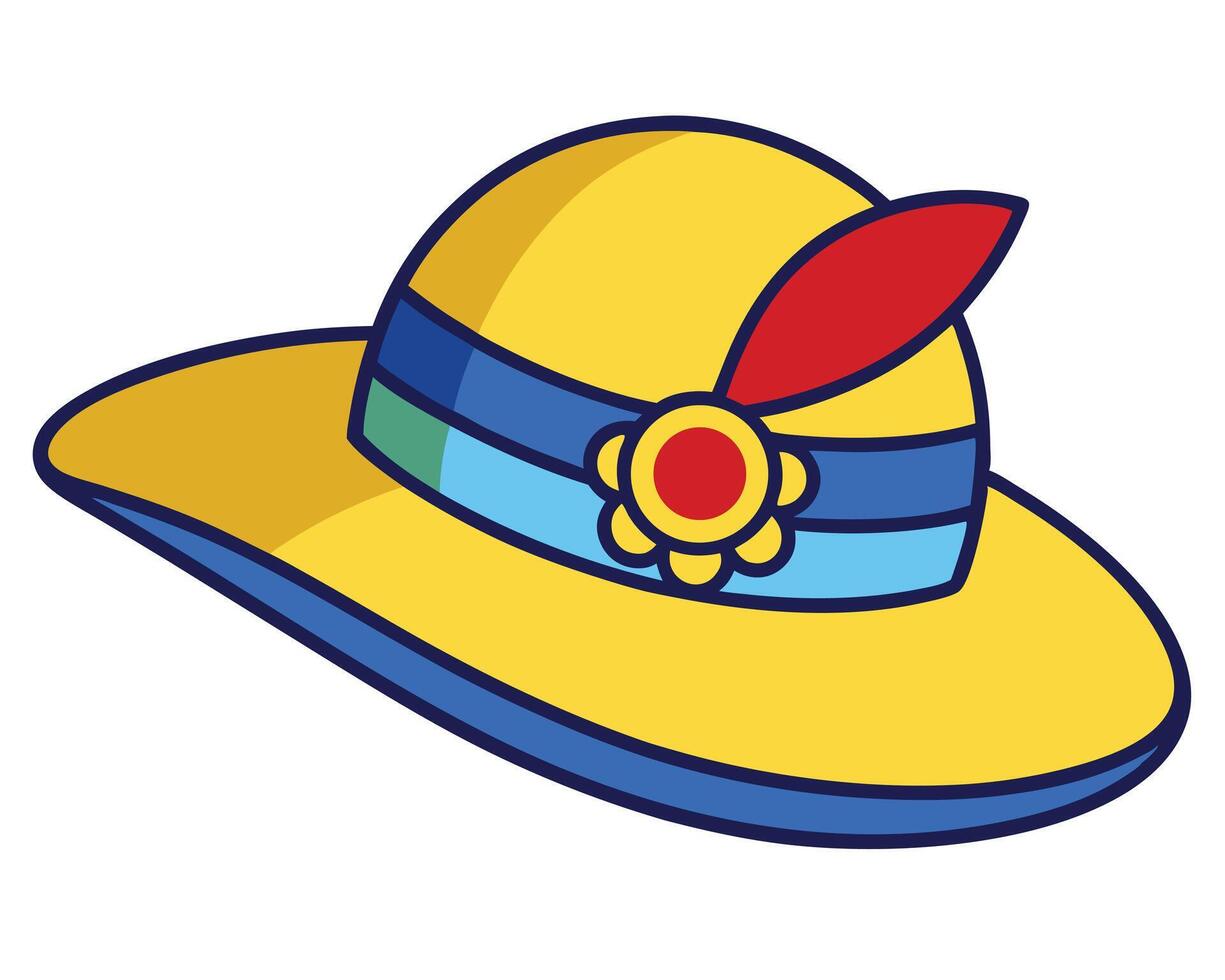Colorful yellow hat with feather and flower decoration representing a fashion accessory illustration. vector