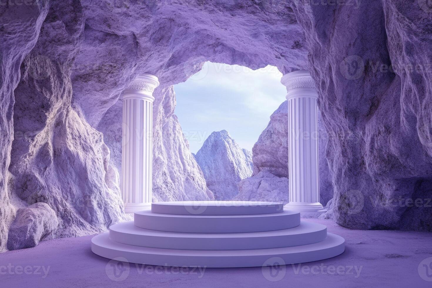 a stage in a cave with pillars and a purple sky photo