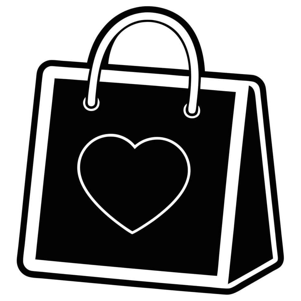 Simple black and white illustration of a shopping bag with a heart symbol on white background vector