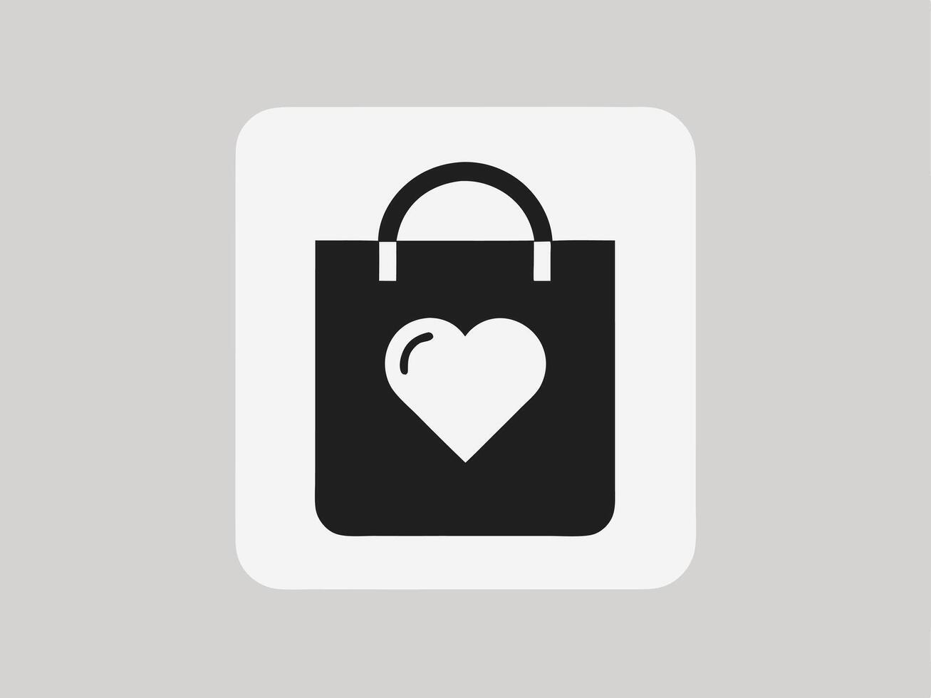 Black shopping bag icon with a heart symbol inside a rounded square illustration vector