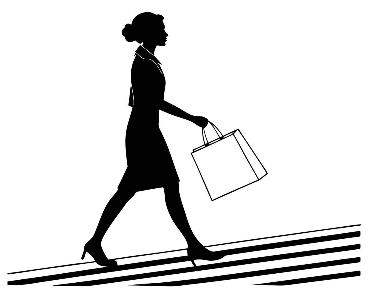 Elegant silhouette of a woman walking with a shopping bag on a crosswalk in monochrome vector