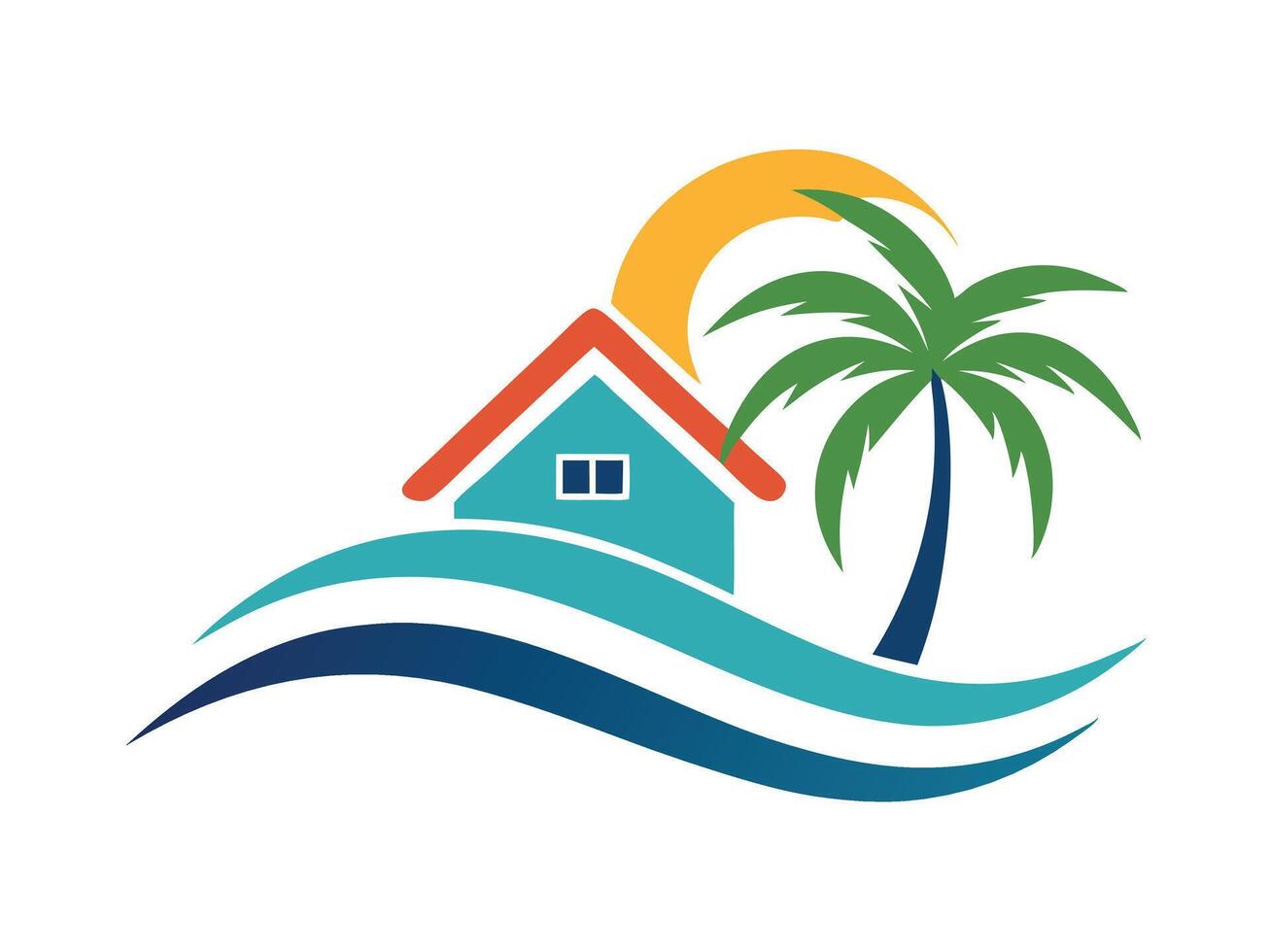 Tropical house and palm tree on the ocean waves representing travel and coastal living vector