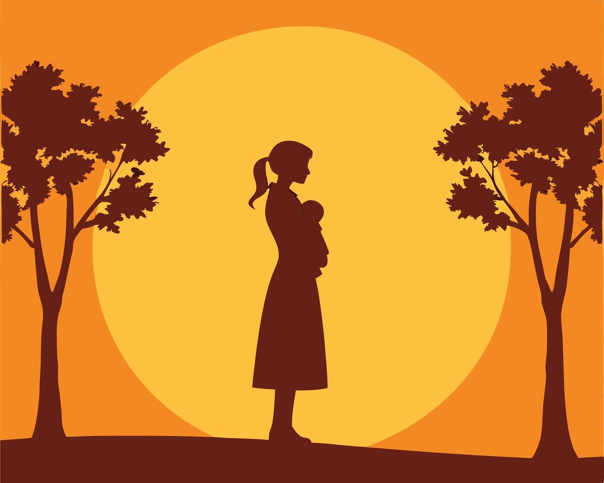 Silhouette of a mother holding her baby beneath a warm sunset with trees on either side vector