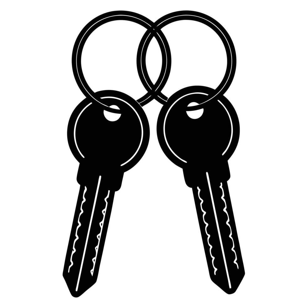 Two intertwined black keys on a keyring against a white background representing security and access vector