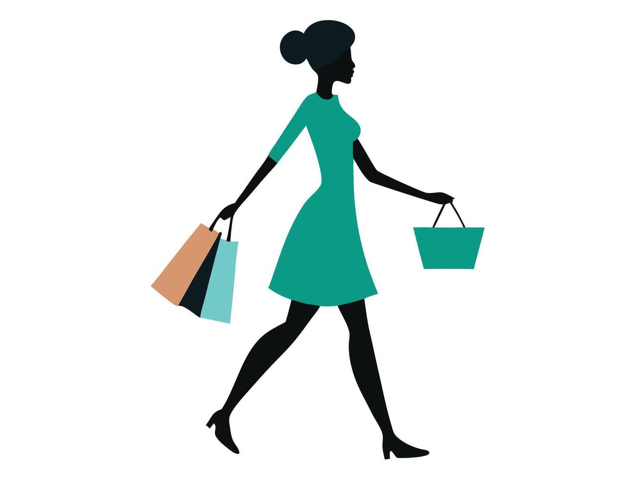 Silhouette illustration of a woman walking with shopping bags and a teal handbag vector