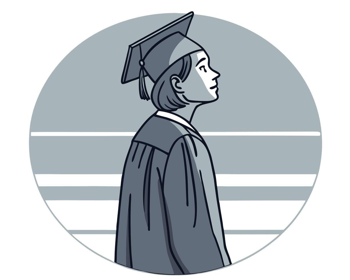 Illustration of a graduating student looking upwards in a graduation gown and mortarboard vector